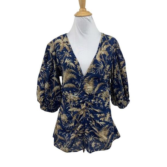La Vie Blouse Womens L Large Navy Stone Metallic Puff Sleeve V Neck Floral Print - Picture 1 of 14